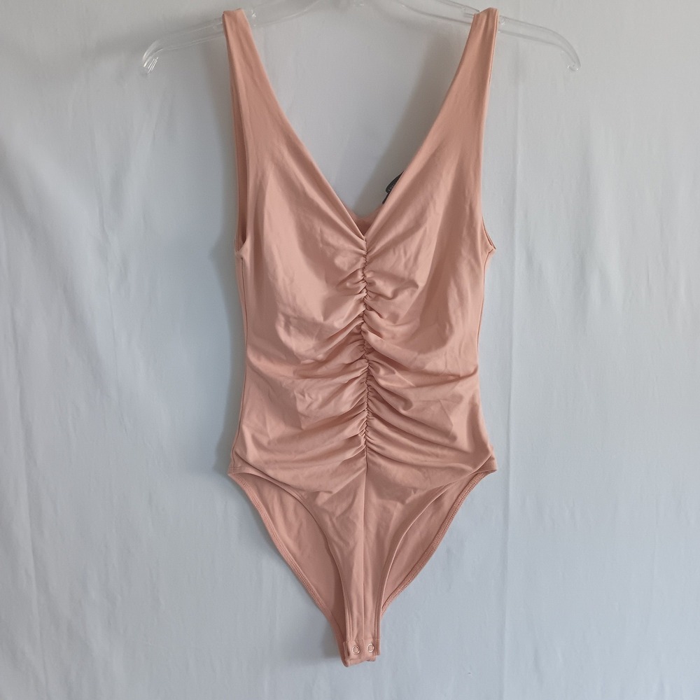 Forever 21 Bodysuit Women Small Peach Ruched V-Neck Sleeveless